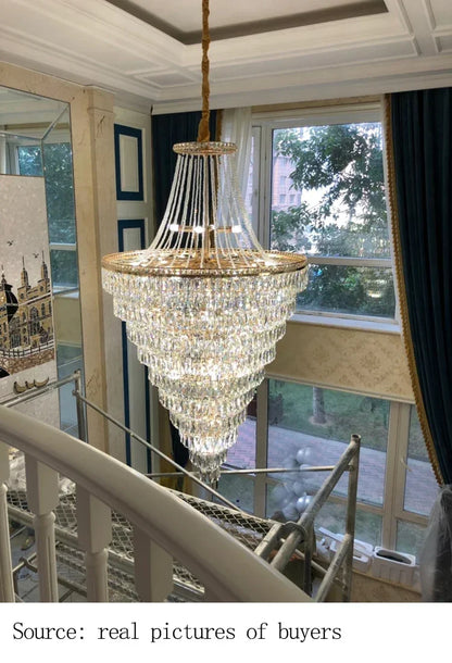 Large Ceiling Long Crystal Chandelier Hotel Lobby Living Room Luxurious Multi Story Staircase Light Golden Stainless Steel Light