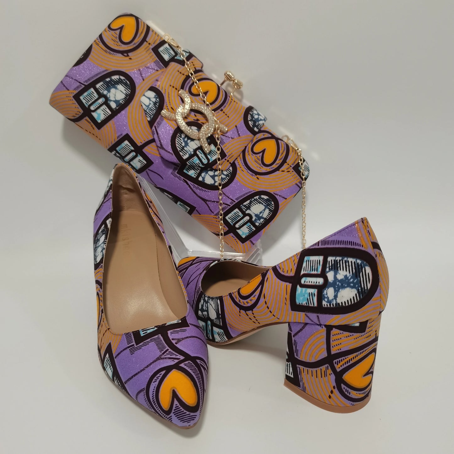 African Women Block Heels Shoes With Match Purse Bag Ankara Material Nigeria Design Pointed Toe Shoes and Bags Set High Quality