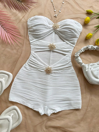 Summer White Bodycon Romper, Strapless with Sun Metal Accents