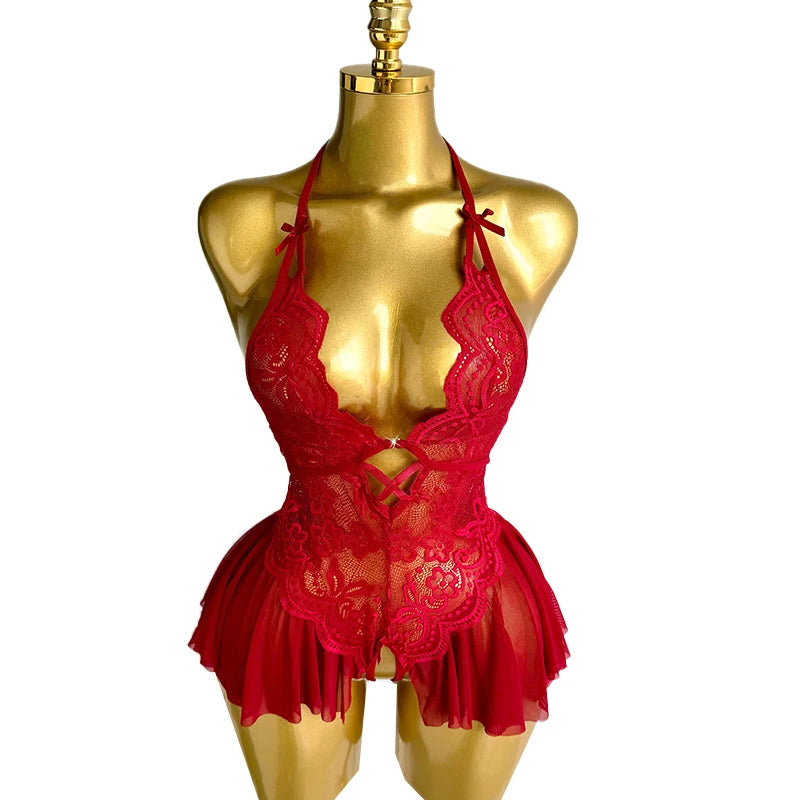 Sexy Crotchless Lingerie Women Lace Hollow Bodysuit Pajamas Teddy Babydolls Deep V Underwear
