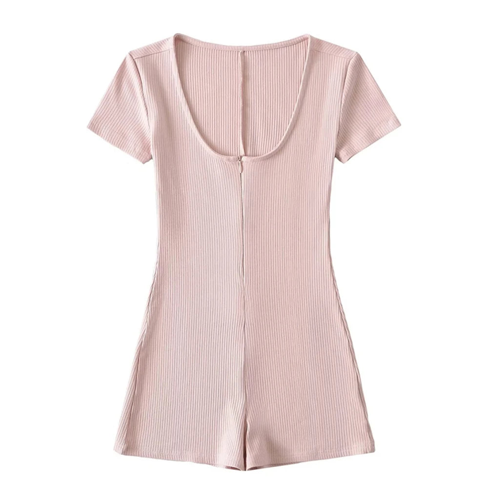 Womens Playsuits Yoga Low Neck Slim Fit Short Sleeve Jumpsuits Stretch One Piece Romper Sexy Fitness Female Sportwears Zipper