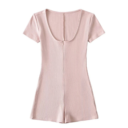 Womens Playsuits Yoga Low Neck Slim Fit Short Sleeve Jumpsuits Stretch One Piece Romper Sexy Fitness Female Sportwears Zipper