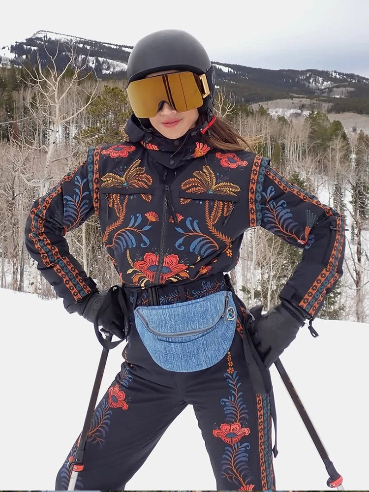 Floral Print One Piece Ski Suit Fashion Hooded Waterproof Thermal Snowboard Jumpsuit 2026 Winter Outdoor Windproof Snow Outfit