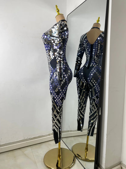 Women Sexy Spandex Tight Jumpsuit Long Sleeve Mirrors Cosplay Costume Nightclub Dancer Outfit Performance Stage Wear