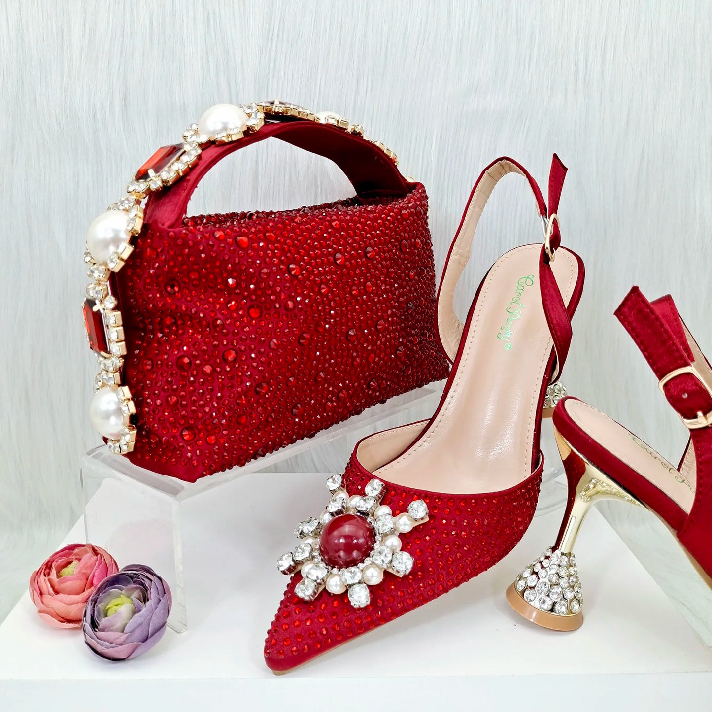 QSGFC 2023 New Fashion Purple Sandals Sequins Rhinestone Point Toe High Heels Slingback Women's Dress Women's Shoes & Bag Set