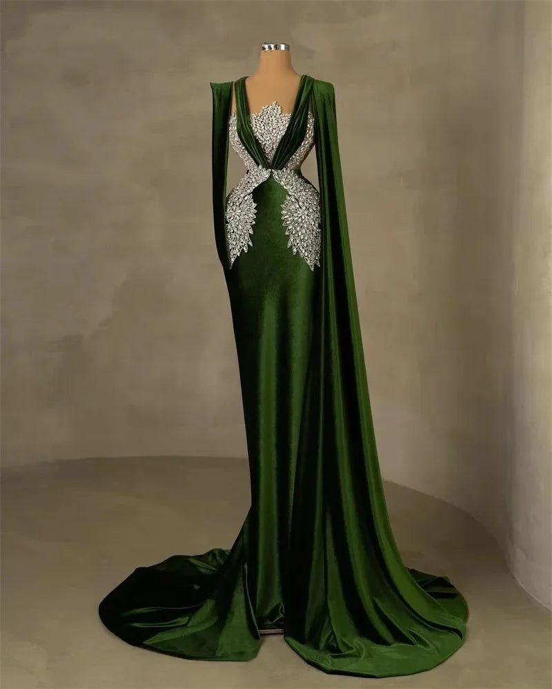 Stylish Mermaid Evening Dress V Neck Beaded Diamond Prom Gowns Sexy Long Sleeve Floor Length  Party  Dresses Customized