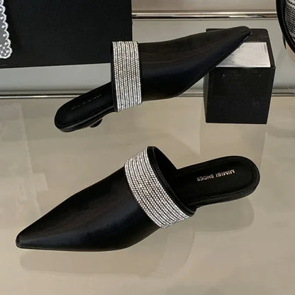 Pointy Toe Mules Women Slides Sandals Luxury Rhinestones Dress Shoes Summer 2025 Low Heel Gold Designer Slippers Ladies Pumps