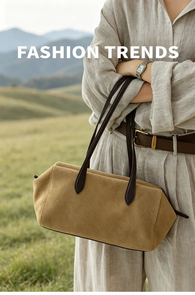 New Women's Natural Suede Leather long handle Shoulder Bag Luxury Designe Genuine Suede Leather Handbags Shopping Underarm Bag