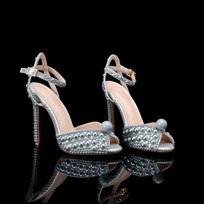 Luxury Handmade Pearl Peep Toe Women Sandals Fashion Summer Wedding Princess Thin High heels Elegant Party Prom Bridal Shoes