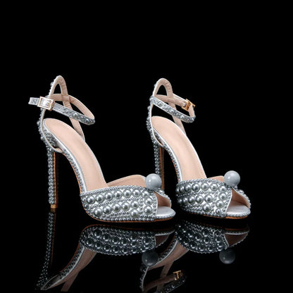 Luxury Handmade Pearl Peep Toe Women Sandals Fashion Summer Wedding Princess Thin High heels Elegant Party Prom Bridal Shoes