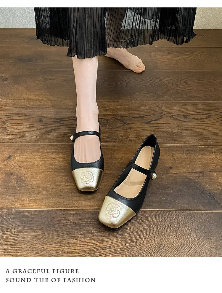 Fashion Mary Jane Women's Shoes 3cm Wide Heel Pumps Embroidered Flowers Pearl Buckle Strap Mary Jane Shoes Luxury Leather Heels