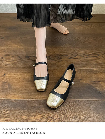 Fashion Mary Jane Women's Shoes 3cm Wide Heel Pumps Embroidered Flowers Pearl Buckle Strap Mary Jane Shoes Luxury Leather Heels