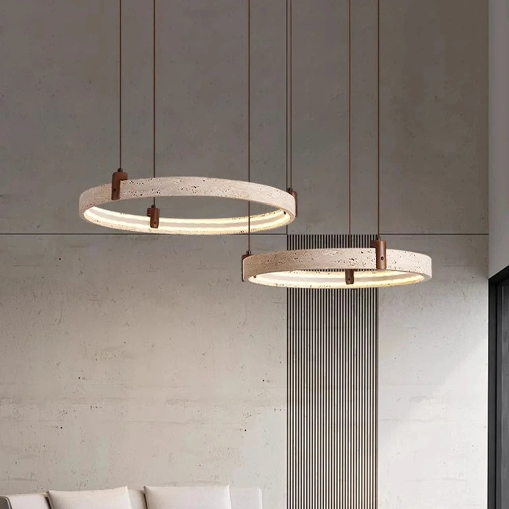Wabi-sabi Style Natural Stone Pendant Lights Travertine Ring Suspension Luminaire Living Dining Room Home Decor Chandeliers
