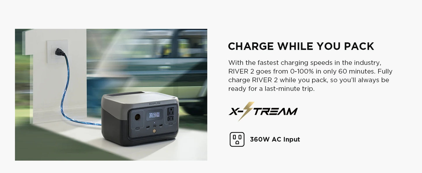 ECOFLOW Portable Power Station RIVER 2, 243Wh LiFePO4 Battery/ 1 Hour Fast Charging, 2 Up to 600W AC Outlets, Solar Generator