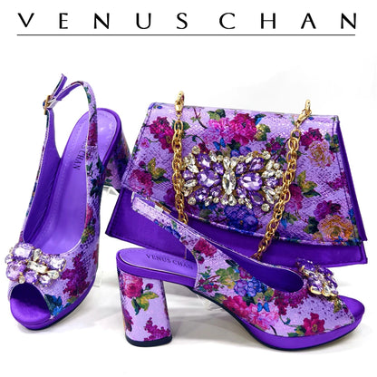 Venus Chan Italian Design Shoes and Bags Matching Set 2024 Women High Heel Party Purple Color Nigeria Wedding Bigger Size Shoes