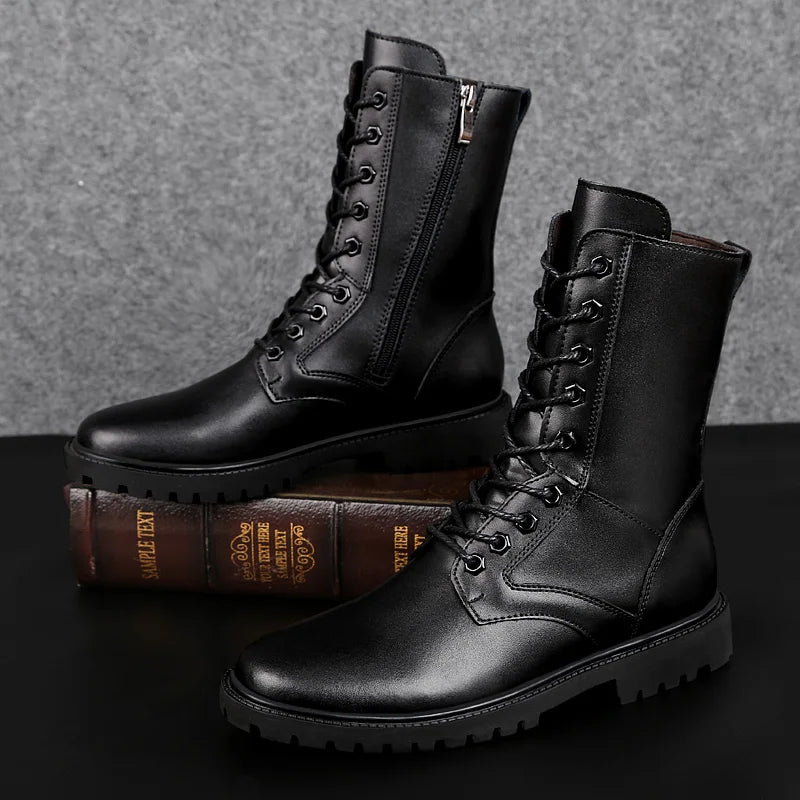 Winter Boots US Combat Boots TrendBoots Plus Velvet Men Boots Genuine Leather Snow Boots Side Zipper Motorcycle Boots High