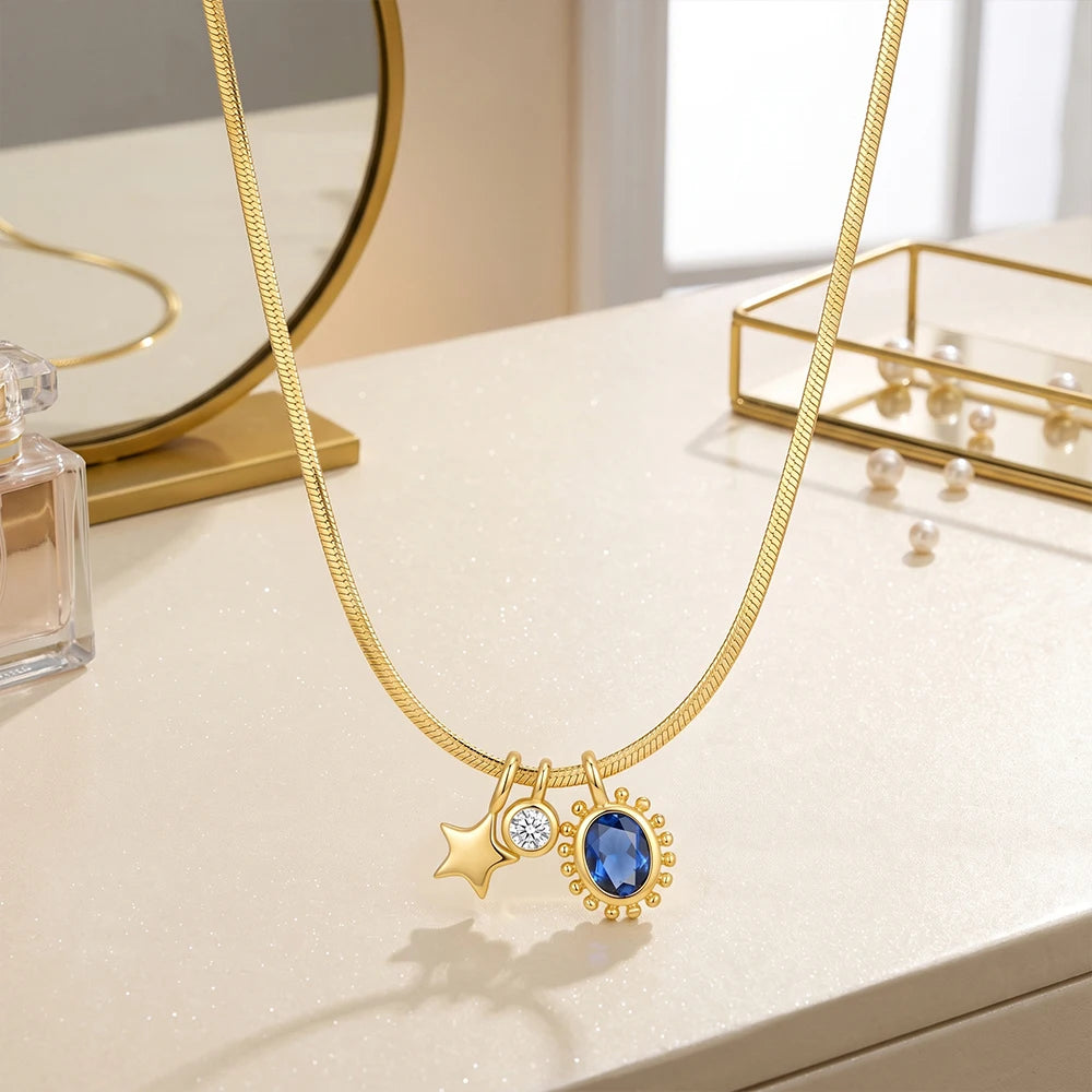 ATTAGEMS Sapphire Moissanite Pendant Star Moon Sun Necklace Copper Snake Chain Wedding Jewelry Holiday Party Gift for Women Girl