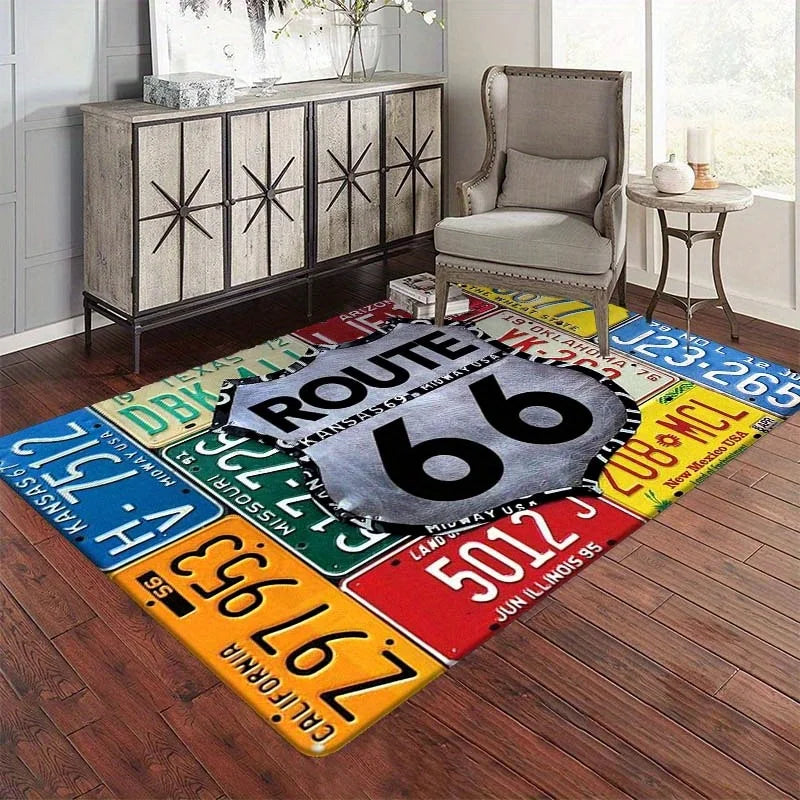 Route 66 License Plate Design Area Rug Durable Polyester Home Decor Living Room Floor Mat Unique Gift Idea