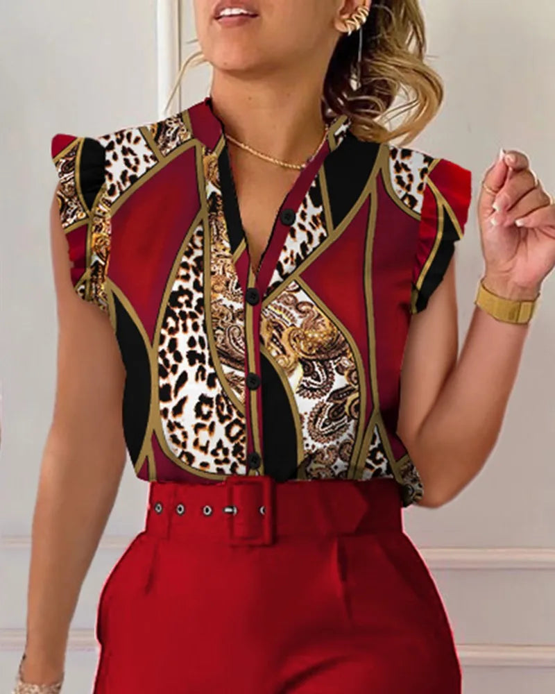 Women's Sleeveless V Neck Top Leopard Paisley Print Blouse Button Front Ruffle Shoulder Shirt For Casual Office Daily Wear