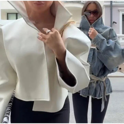 Women Cropped PU Leather Jacket Stand Collar Wide Flare Sleeve Asymmetrical Wrap Open Front Coat 2026 Autumn Chic Loose Jackets