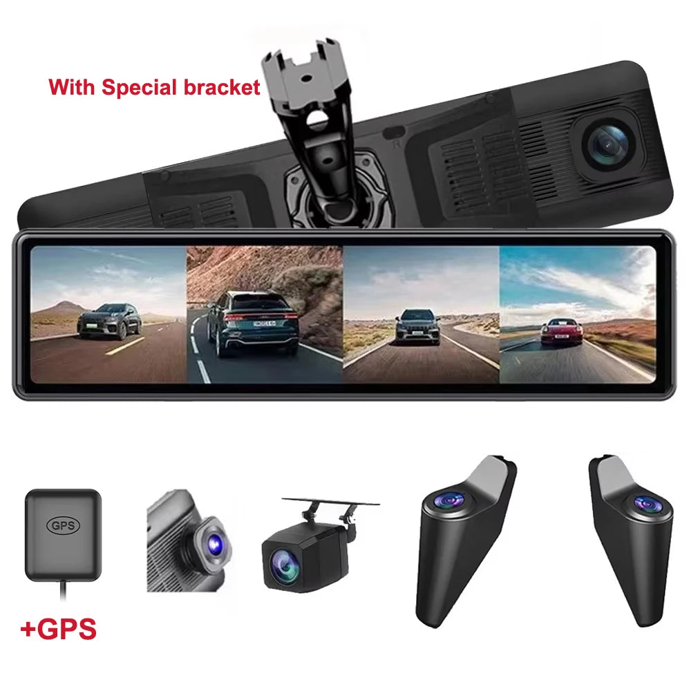 12''Rear View Mirror Camera 4-Channel Mirror Streaming with GPS BSD Blind Spot Detection 4K Front Lens+FHD1080Px3 Reverse Assist