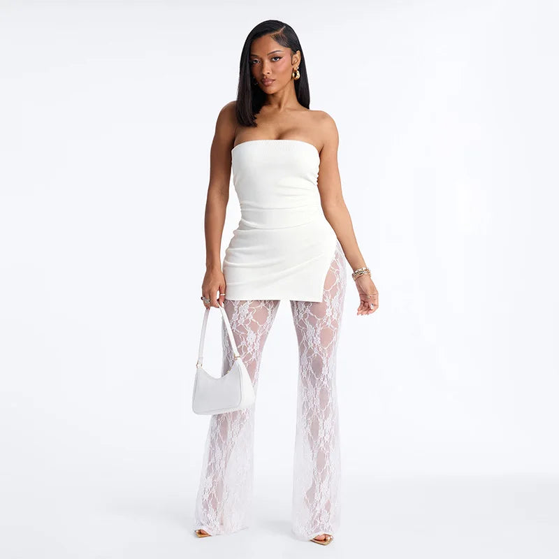 See Through Lace Patchwork Flare Jumpsuits Women Fashion Solid Strapless Backless Ruched Slit Slim Overalls Party Clubwear