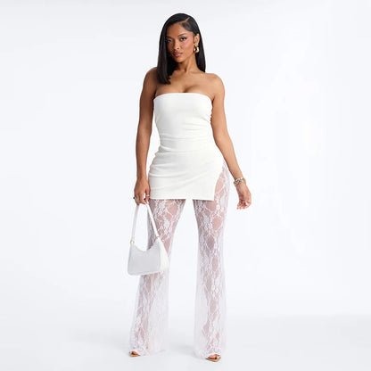 See Through Lace Patchwork Flare Jumpsuits Women Fashion Solid Strapless Backless Ruched Slit Slim Overalls Party Clubwear