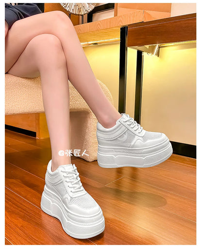 10-14cm Chunky Sneakers Women Platform Shoes Elevator Shoe White Mesh Breathable Sneakers Real Leather Increasing Shoes