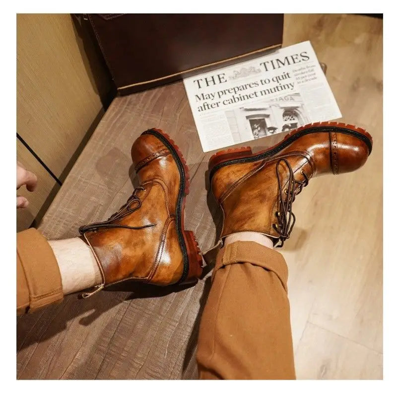 Fashion Cow Genuine Leather Motorcycle Boots Brogue Shoes Retro High Big Head Men's Mid-calf Chelsea Boots For Men Brown