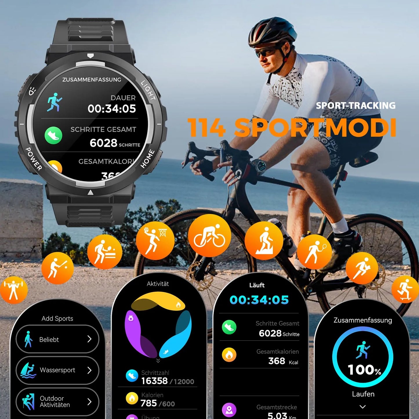 EIGIIS Smart Watches for Men with LED Flashlight 1.53" HD with 100+ Sport Modes Health/Sleep Monitor and 3ATM Waterproof Watche