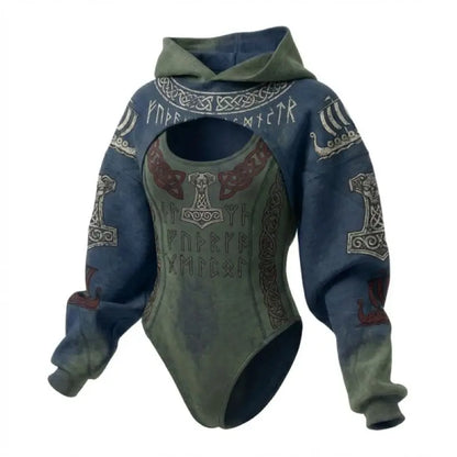 Ladies Viking Pattern Hooded Jumpsuit 2PCS Set Daily Home Lounge Streetwear Outdoor Walking Holiday Simple Comfortable Two Piece
