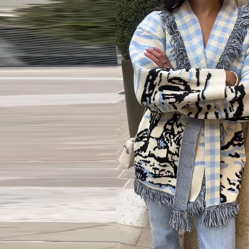 Casual Print Knit Cardigan Women V Neck Long Sleeves Tassels Belts Loose Sweater Female 2026 Autumn Winter Chic Warm Knitwears