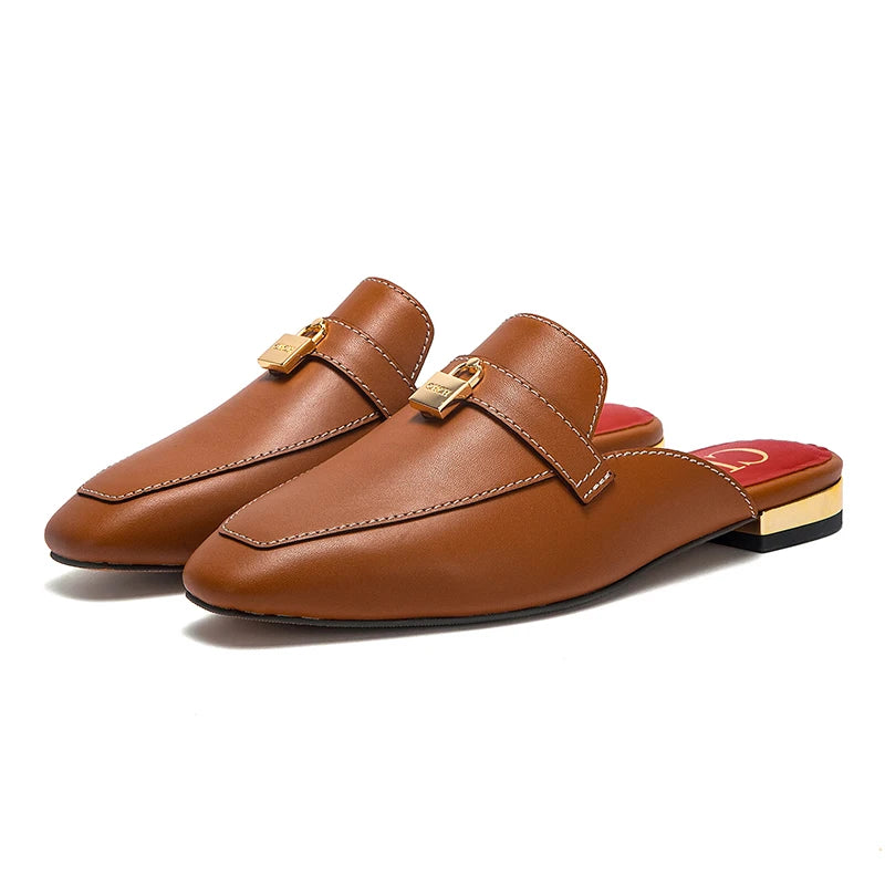 CHCH Women's Muller Shoes 2026 New High Quality Cow Leather Women's Flat Shoes Round Head