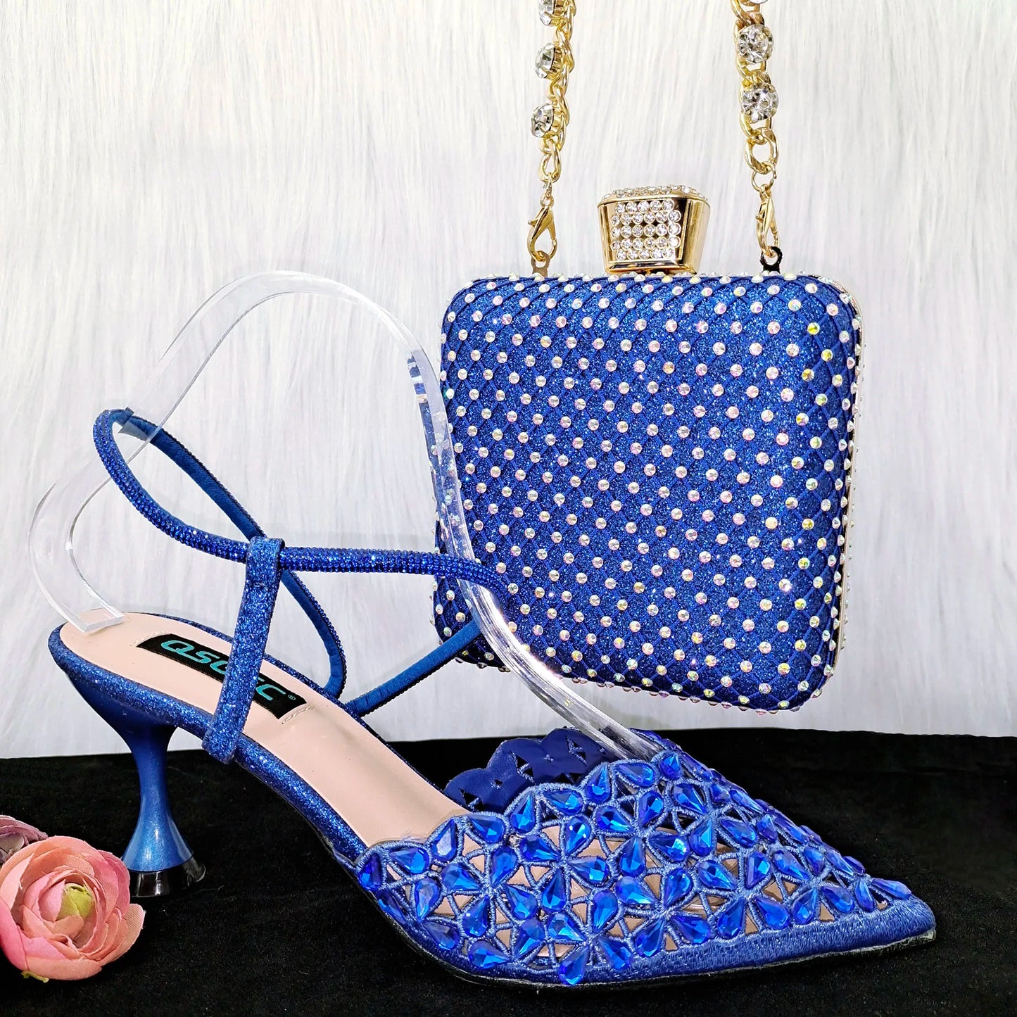 QSGFC Crystal Decoration Style Wine Glass Heel Shoes Friends Party Shoes Nigerian Fashion Peach Ladies Shoes And Bag For Party