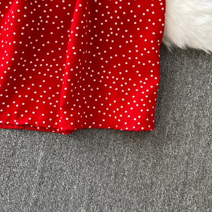 Summer Women Polka Dot Long Dress Vintage V-Neck Flying Sleeve High Waist Single Breasted A-Line Casual Vestidos Female Robe New