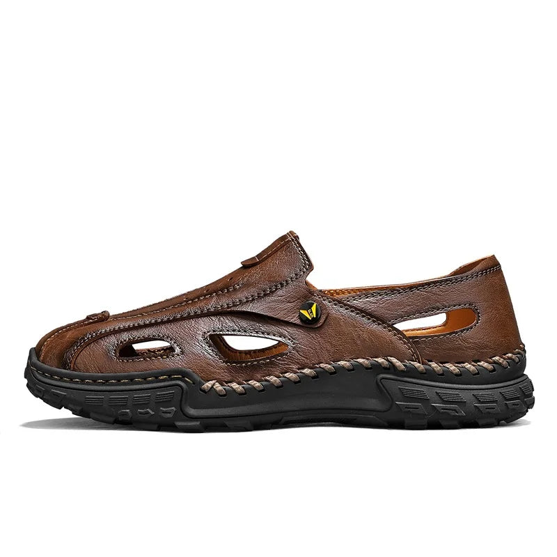 Men Sandals New Hollow Leather Casual Comfortable Trendy Beach Shoes Outdoor Walking Non Slip Bag Toe Walking Shoes for Men