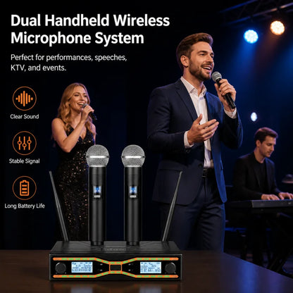 2-Channel Wireless Microphone System, UHF Fixed Dual-Frequency Wireless Kit with 2 Handheld Dynamic Transmitter Microphones and Receiver Base, Suitable for Singing, Weddings, DJs, Parties, Black