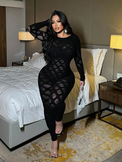 Women's Sexy Jumpsuits Black Sexy Hollow Out See Though Bodycon One Piece Sheer Lace Panel Long Sleeve Nightclub Party Wear