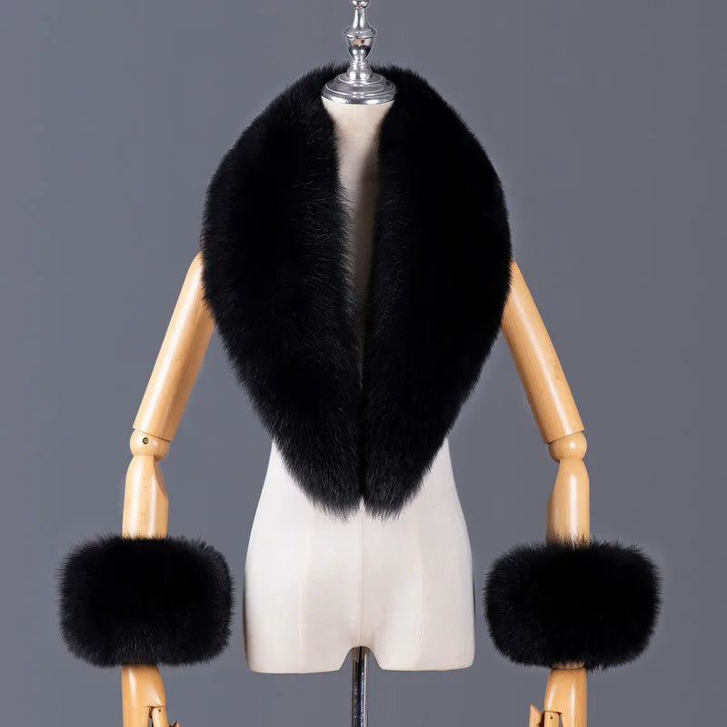 Real Fox Fur Collar Women Natural Fur Scarf And Cuff Set Luxury Women Coat Jacket Fur Shawl Neck Warm Scarves Fashion Fur Shawl