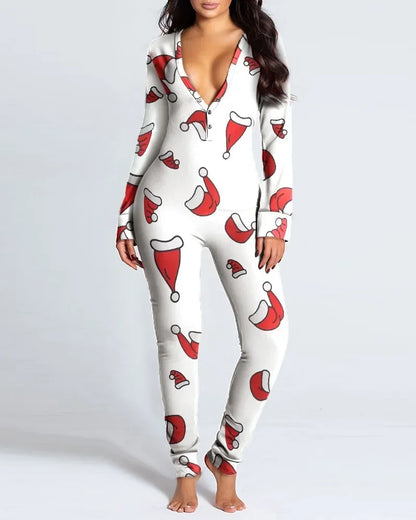 New Women Pajamas Sexy V-neck Jumpsuit Plaid Casual Long Sleeve Pyjama Button-down Front Functional Buttoned Flap Sleepwear