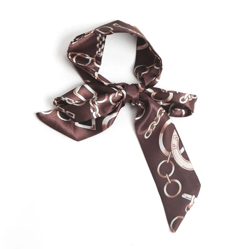 Women Print Flower Small Scarf Handle Bag Ribbons Fashion Head Scarf Small Long Skinny Scarves Headbands Tie Accessories