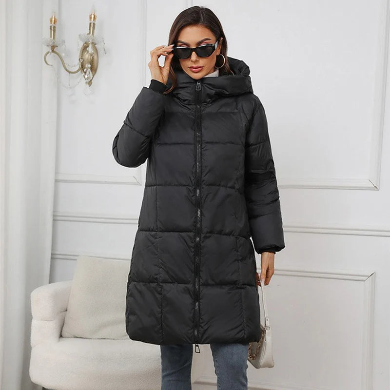 Winter Women's Long Coat Windproof Warm Padded-Cotton Coat Simple Loose Hooded Parkas Fashion Plaid Quilted Jackets for Woman