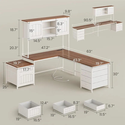 armhouse L Shaped Oice Desk with 6 Der, Reversible Computer Desk with Power Outlet, Hutch or Home Oice/Two Person, Desk with ile