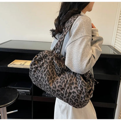 Trendy Leopard Print Canvas Shoulder Bag Large Capacity Fashion Tote Handle Bag for Daily Commute Versatile Texture Storage Bags
