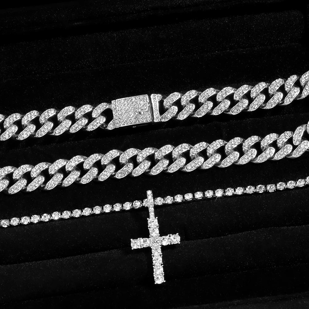 Hip Hop Diamond Cuban Link Chain Cross Necklace Men Women 2Pcs Bling Miami Cuban Chain Necklace Set Iced Out Chain Jewelry