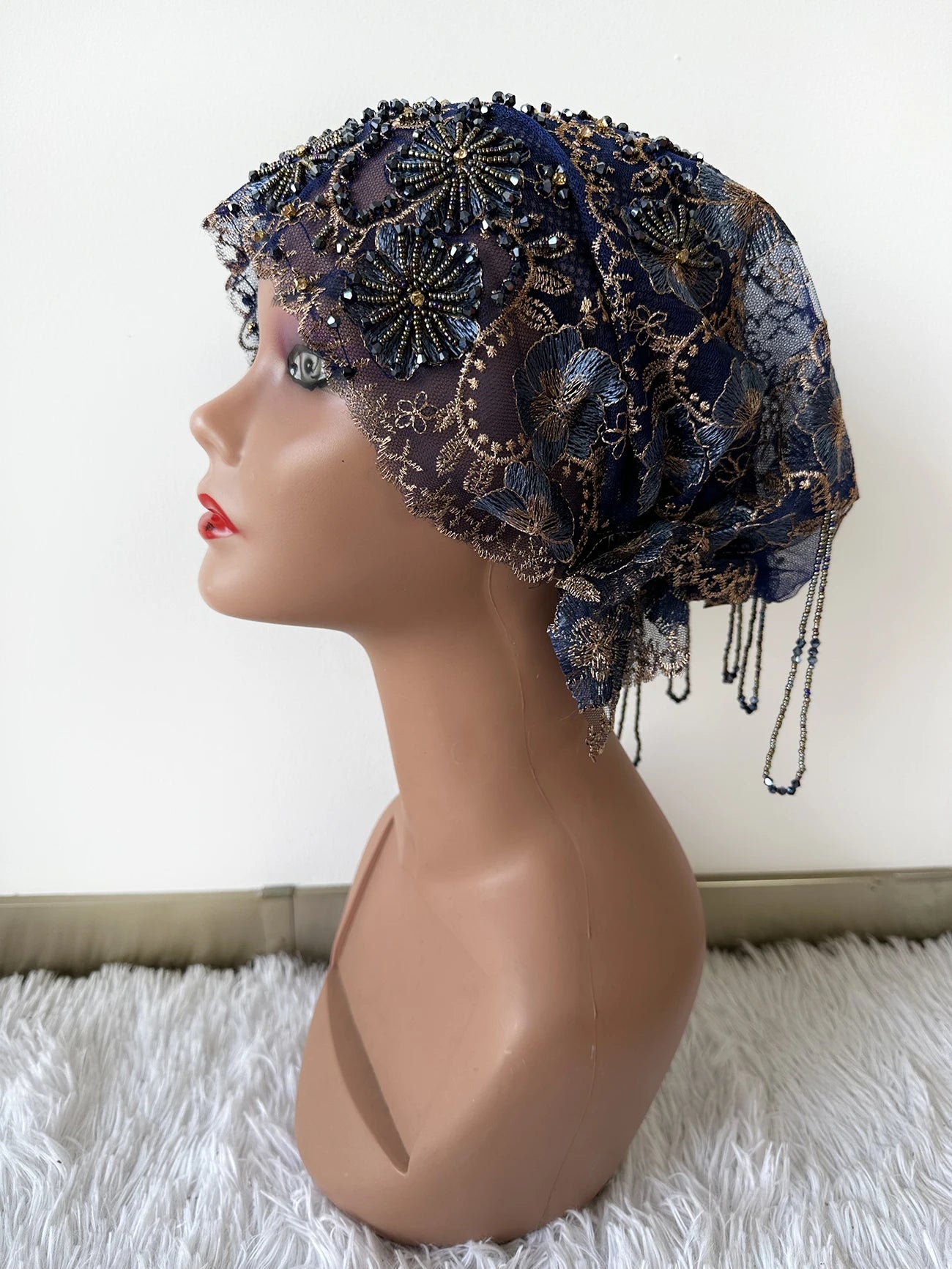 High Quality Lace handcrafted Beaded Turban Hat Female Head Wraps Caps Muslim Women Headscarf Bonnet Ready to Wear Inner Hijabs