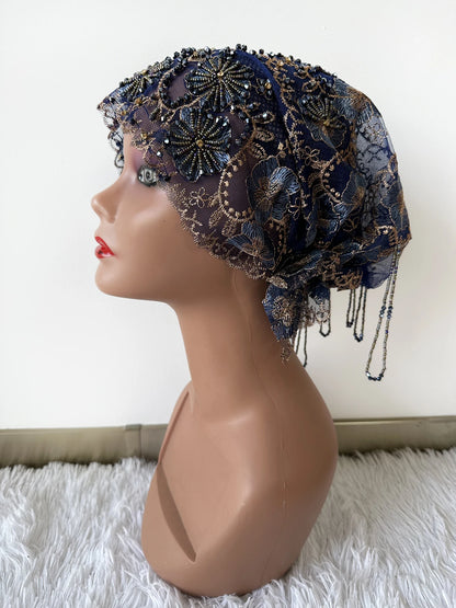 High Quality Lace handcrafted Beaded Turban Hat Female Head Wraps Caps Muslim Women Headscarf Bonnet Ready to Wear Inner Hijabs