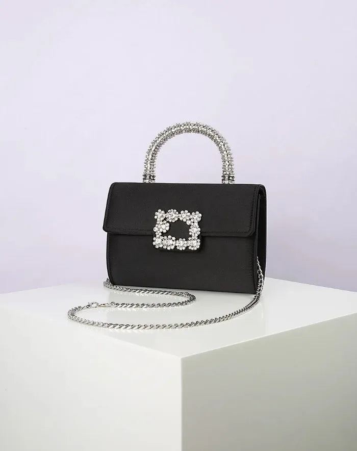 Rhinestone Faux Silk Emerald Evening Bag Silver Diamond Buckle Handle Fashion Handbags Elegant Ladies Square Bolsa Feminina