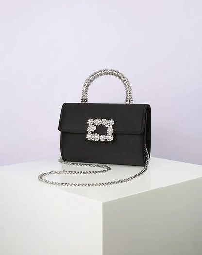 Rhinestone Faux Silk Emerald Evening Bag Silver Diamond Buckle Handle Fashion Handbags Elegant Ladies Square Bolsa Feminina