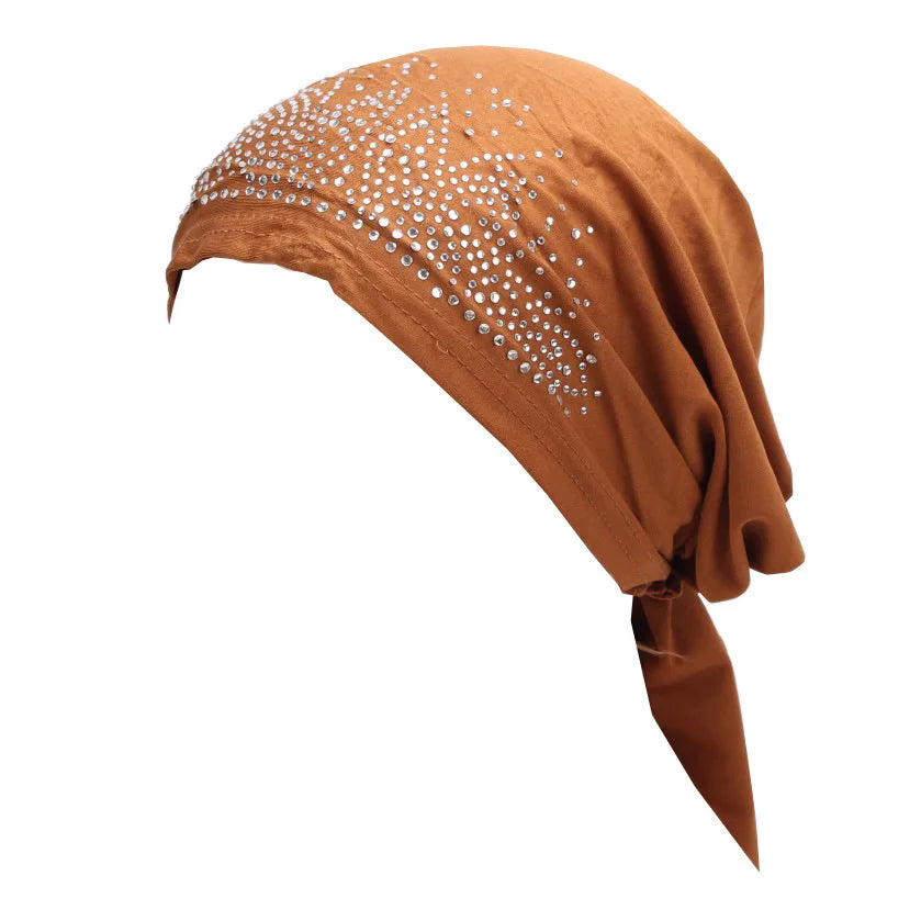 Fashion Muslim Headscarf Hat for Women Thin Summer Inner Hijab Caps Solid Color Diamond Turban Bonnet India Headwrap